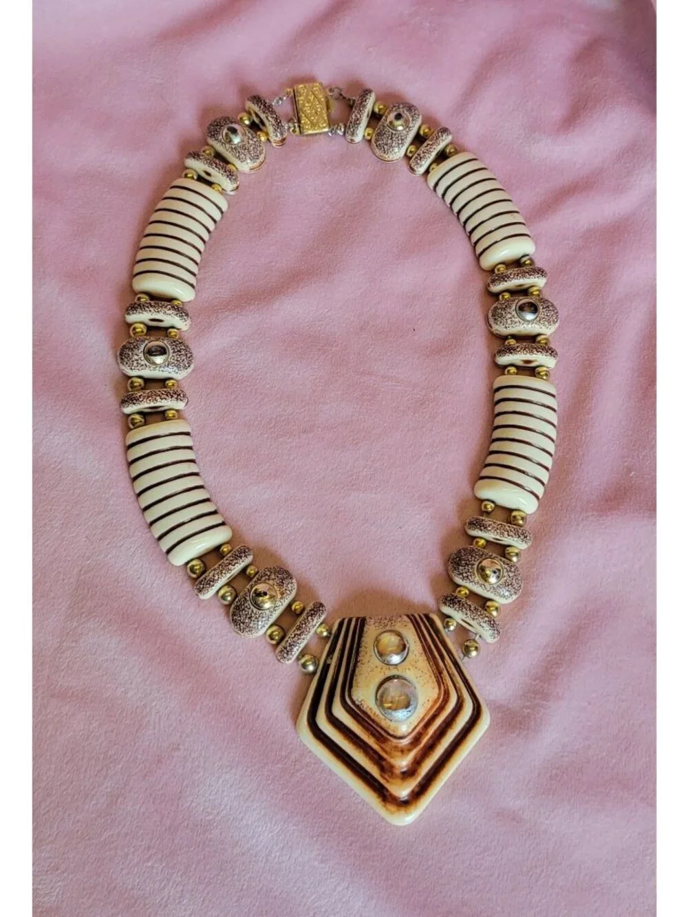 Vintage 70's Cream and Brown Geometric Gold Tone Statement Necklace N1F